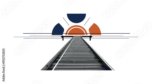 A black and white realistic wooden dock extending into empty space, strong perspective lines emphasized, bold geometric semicircles rising behind it like an