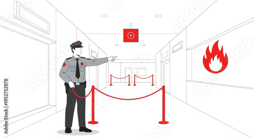 Security guard directs visitors in a museum hallway with fire alarm and barrier ropes