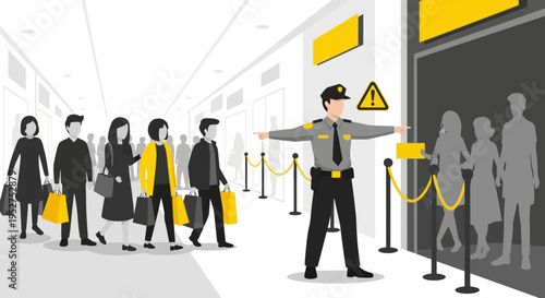 Security Guard Directs Shoppers in Queue at Store Entrance with Barrier