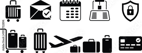 Travel service icons set booking ticket luggage airplane calendar email security payment tourism vector collection isolated design elements pack