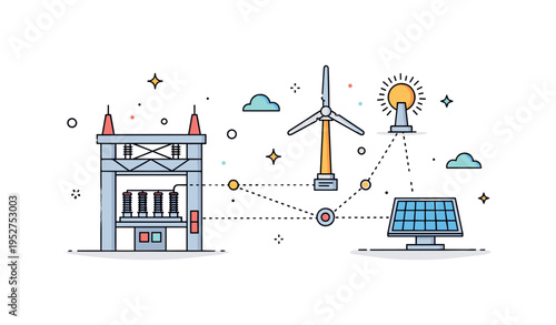 Clean power infrastructure simplified substation connected to wind and solar elements with dotted transmission lines forming a neat network. A structured