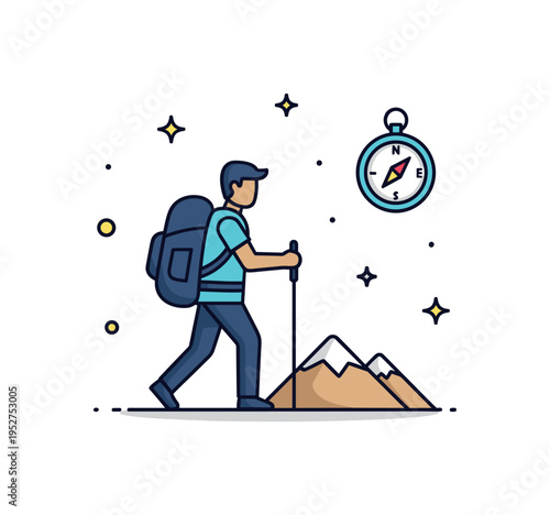 Adventure traveler scene featuring a hiker silhouette with trekking pole and tiny compass icon, symbolizing exploration and outdoor discovery. The clean