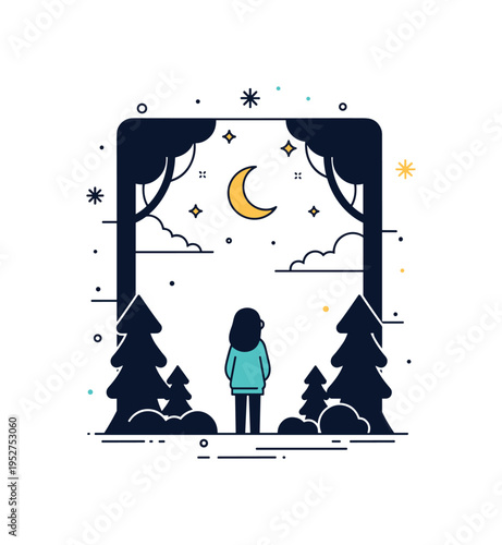Night in the forest person standing under simplified starry sky framed by dark tree silhouettes, crescent moon above. A serene editorial illustration