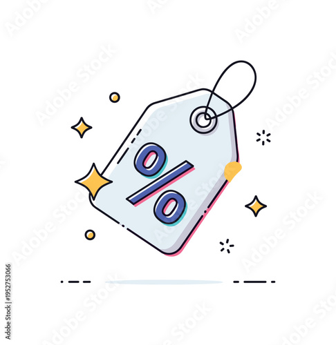 Price markdown stickers bright sale tag with bold percentage symbol and small sparkle accents, expressing urgency, savings, and retail promotion energy.