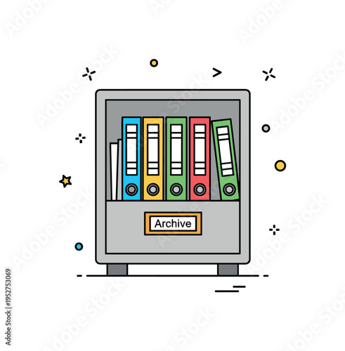 Office cupboard file storage concept featuring a simple cabinet with neatly arranged folders and a small label tab reading Archive. The balanced composition