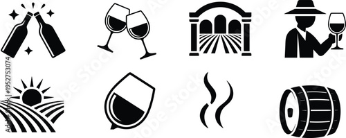 Wine celebration vineyard tasting glasses bottle barrel sommelier winery landscape alcohol beverage vector icon set collection