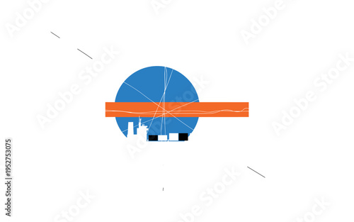 Black and white cargo ship simplified into sharp silhouette, oversized blue circular sun behind intersected by orange horizontal bar representing global trade