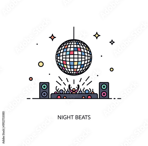 Disco ball music festival icon scene with a compact stage silhouette below a glowing mirror sphere, capturing rhythm, lights, and crowd energy in a simplified
