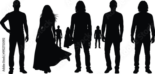 Silhouette group diverse people standing isolated on white background, human figures collection, anonymous men women crowd concept, black shadow illustration