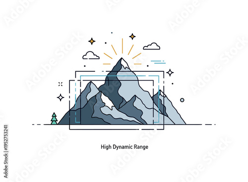 HDR photography dramatic mountain landscape scene with layered peaks under a radiant sky, subtle overlapping exposure frames suggesting extended dynamic range