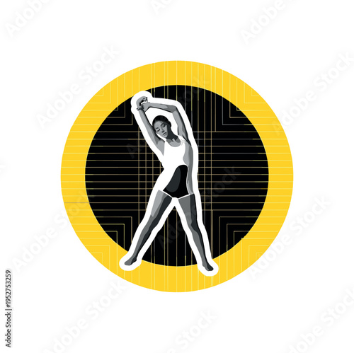 Monochrome composition of a stretching figure centered inside a large yellow circular frame with thin structured grid lines suggesting harmony and restfulness,