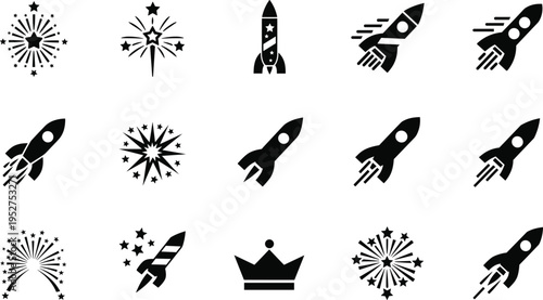 Rocket launch icons set, fireworks explosion symbols, space startup concept, celebration elements, success growth illustration, modern minimal black vector collection design