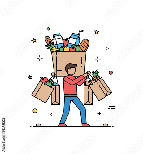 Heavy grocery load illustrated by a figure balancing multiple paper bags with fruits and milk cartons peeking out, expressing effort and everyday