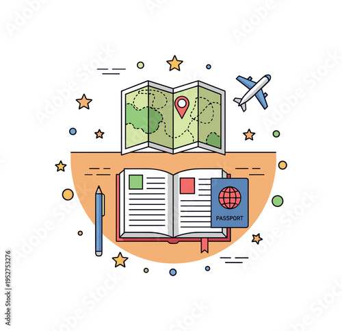 Planning a vacation with a travel book showing an open guide on a table with a tiny folded map, passport, and airplane icon arranged as a cohesive badge
