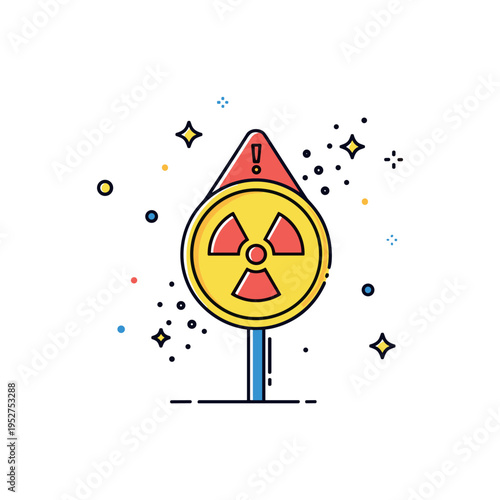 Radiation pollution hazard sign displaying a bold radiation symbol within a caution badge, accented by small particles to imply invisible environmental danger.