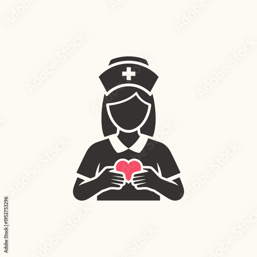 Female Nurse Holding Red Heart Symbolizing Healthcare, Love, and Compassion Icon