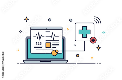 Remote patient monitoring system concept featuring a laptop with vital sign charts connected to a small medical cross icon, symbolizing telehealth and digital