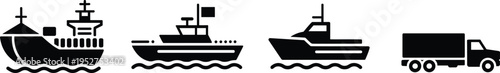 Transport and shipping icons set, cargo ship, fishing boat, yacht vessel, delivery truck silhouettes, maritime logistics transportation vector symbols