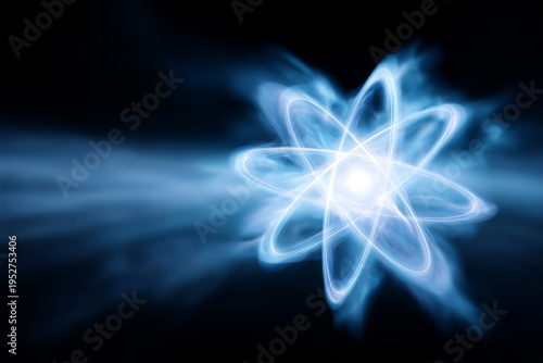 Concept of an atom with blue energy waves moving in space
