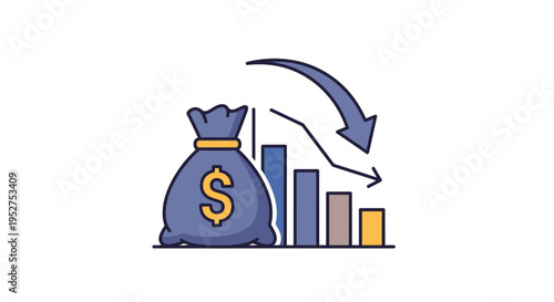 Financial Loss Graph with Money Bag and Downward Arrow Icon