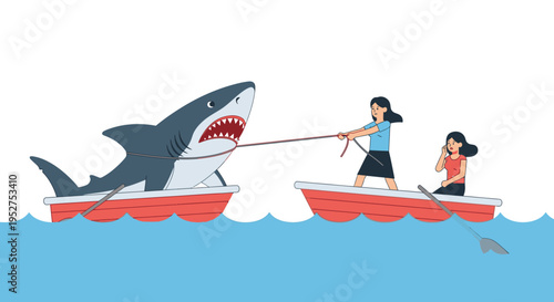 Woman Pulling Large Shark on Boat Illustration
