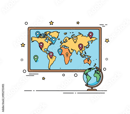 Classroom world exploration bulletin board style map with pinned markers and a small globe placed below it on a shelf line. A friendly concept badge about