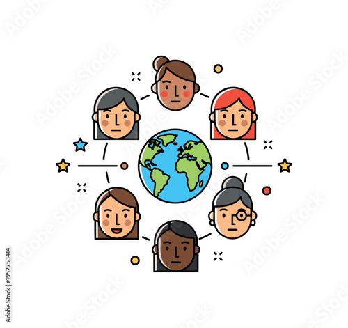 Cultural diversity and peaceful coexistence illustration represented by multiple simplified faces around a central earth icon, expressing inclusivity and