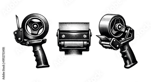 Handheld tape gun dispenser shown in three views: side profile with tape roll installed, front view emphasizing the serrated cutting edge, and perspective view
