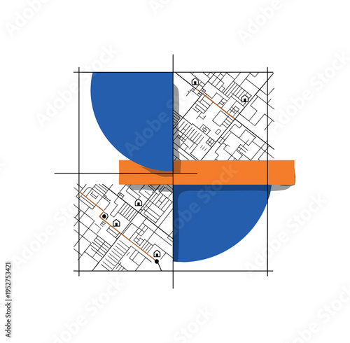Black and white map with marked route lines and small house symbols, oversized cobalt blue semicircle intersected by bright orange rectangular bar like