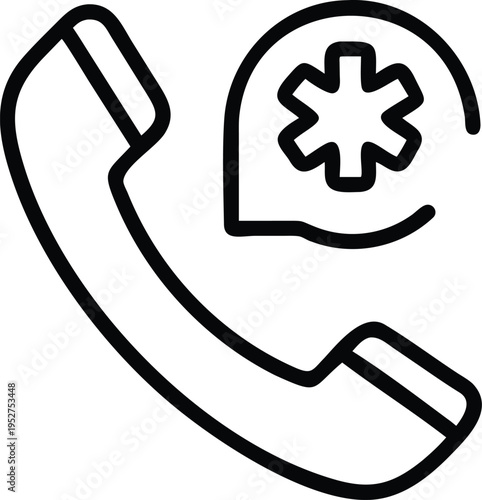 A minimalist black line art icon featuring a telephone handset paired with a medical star symbol