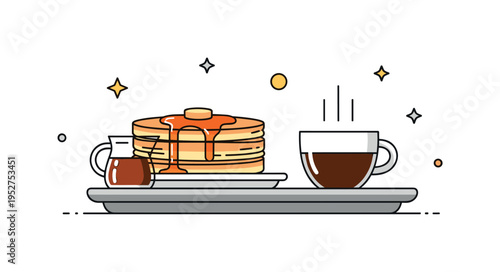 Pancakes with syrup served on a breakfast tray alongside a cup of coffee, creating a cozy and inviting morning scene. Minimalist flat vector illustration,