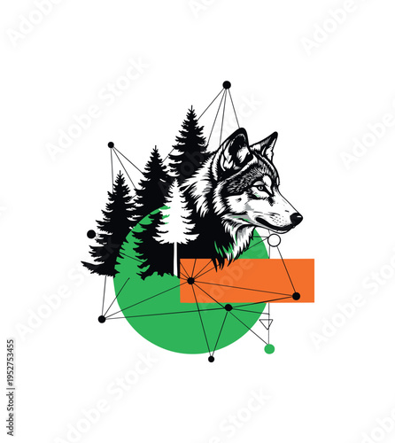 Black and white wolf partially merged with abstract pine tree shapes, vivid green circle anchoring center, contrasting orange rectangular accent block, thin
