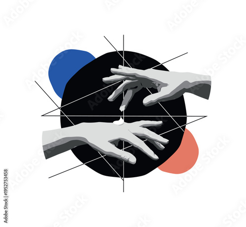 Black and white hands applying skincare cream, large abstract circle and thin intersecting lines framing the gesture, vivid cobalt blue and muted coral flat