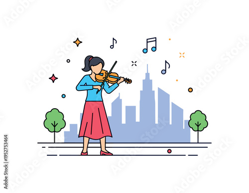 Violinist performing outdoors beside a minimal city skyline silhouette and subtle floating notes, capturing elegance within a public street setting. The scene