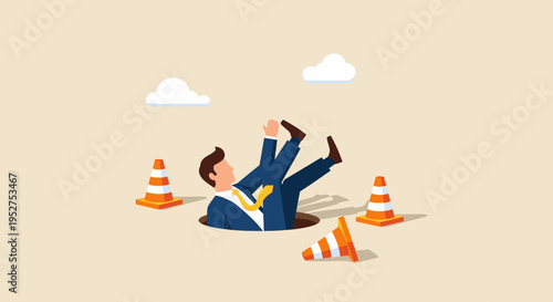 Businessman Falling into a Hole with Traffic Cones Vector