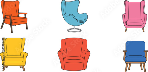 Modern armchair furniture vector set, colorful lounge chairs collection isolated interior seating design contemporary home decor illustration icons