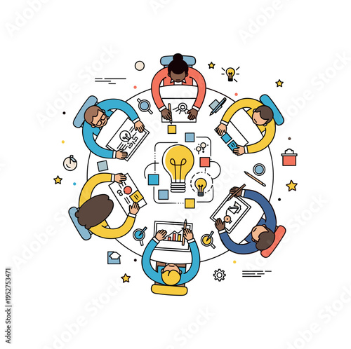 A diverse group of entrepreneurs sharing creative ideas around a circular table with sticky notes and sketches, illustrating collaboration, innovation, and
