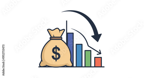 Money bag icon with declining business graph and downward arrow