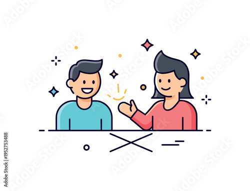 Smiling at a passerby friendly neighborhood interaction visualized by two simplified figures beneath a small house roof outline, expressing warmth and safe