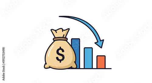 Money bag with decreasing bar graph and downward arrow icon