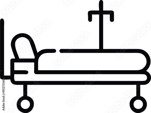 hospitA simple black and white line art icon depicting a hospital stretcher with an attached iv standal-bed-patient-care-icon-.eps