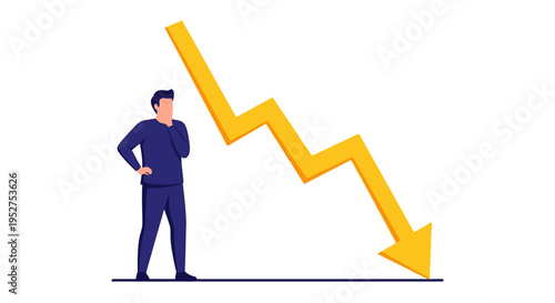 Businessman watching downward arrow graph on white background