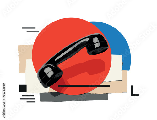 black and white retro telephone handset floating in composition, bold red circle behind and blue semicircle overlapping, minimal linear accents and abstract