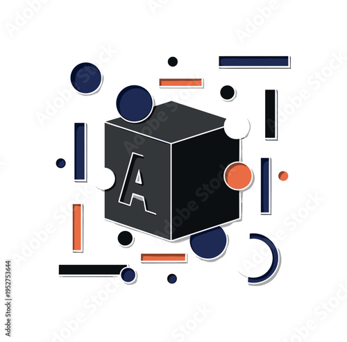 A realistic monochrome cube block with a carved letter, letter simplified into geometric cut-out shape, surrounding floating circles and rectangles suggesting