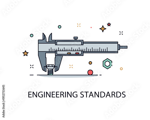 Precision tools caliper measuring a small bolt with clean geometric alignment, expressing accuracy and technical detail. A concise concept badge