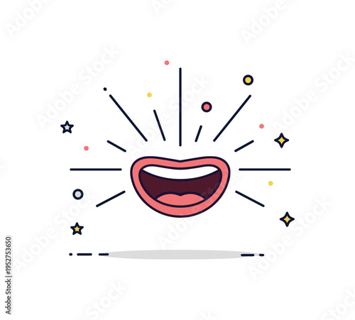 Joyful reaction burst open mouth smile with radiating lines and tiny confetti dots, symbolizing contagious laughter and festive excitement. Minimalist flat