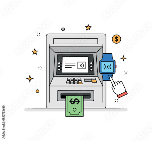 ATM machine showing contactless cash withdrawal with a smartwatch tap, emphasizing convenience and modern fintech solutions. Minimalist flat vector