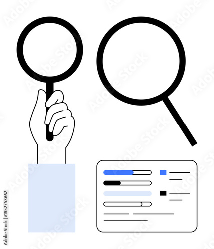 Magnifying glass held by a hand and enlarged next to an analytics display with bars. Ideal for research, analysis, discovery, visualization, statistics, problem-solving, focus. Simple flat metaphor