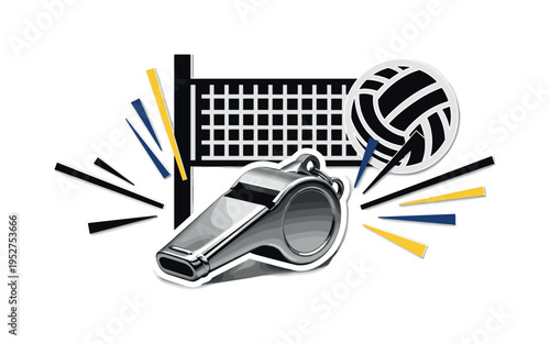A realistic monochrome referee whistle enlarged dramatically in foreground, volleyball and net simplified into bold geometric forms behind, thin linear