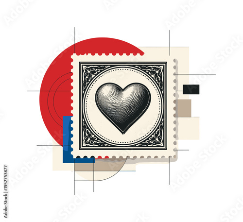 Black and white vintage postal stamp with engraved heart emblem centered, perforated stamp edges clearly visible, bold red circular backdrop partially cropped